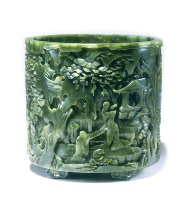 <b>清 碧玉樊桐仙侶圖筆筒</b>