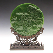 清 碧玉雕山水花鳥圓插屏