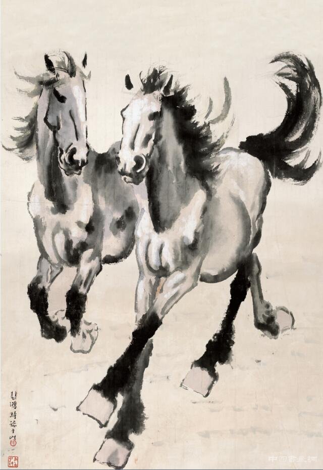 徐悲鴻《雙駿奔馬圖》賞析