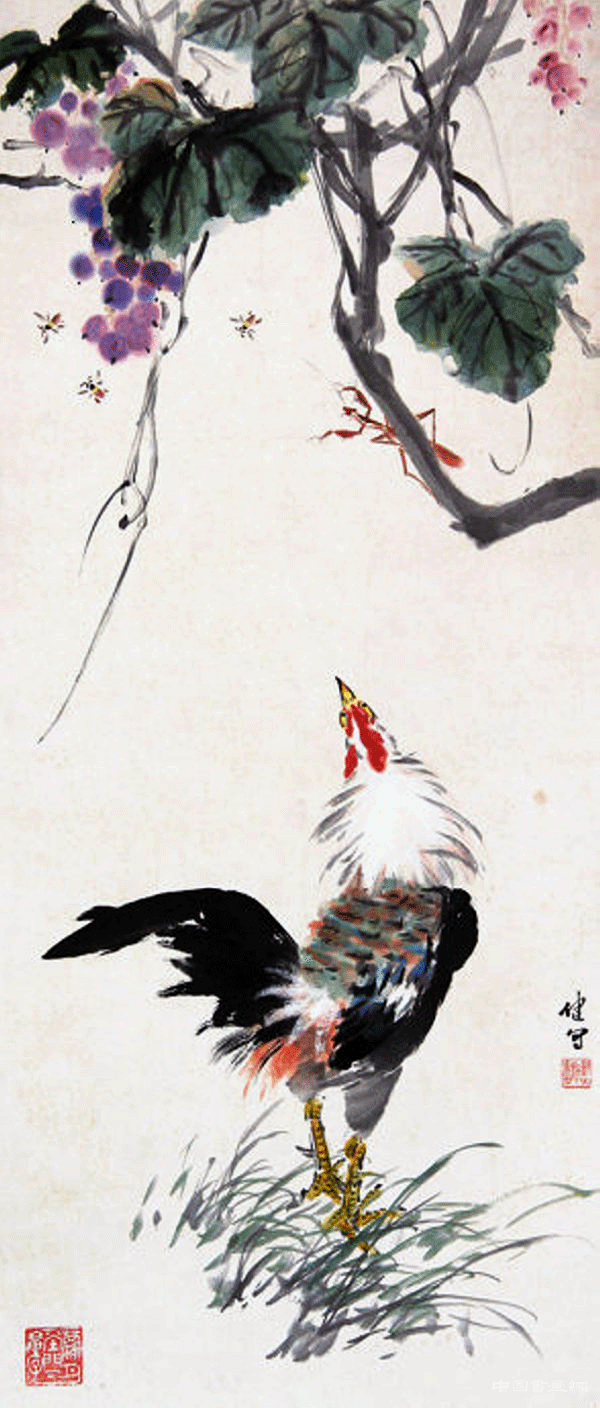  葡萄雄雞（王雪濤補草地及雞爪并潤色）