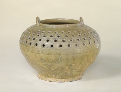 青釉鏤空雙系罐