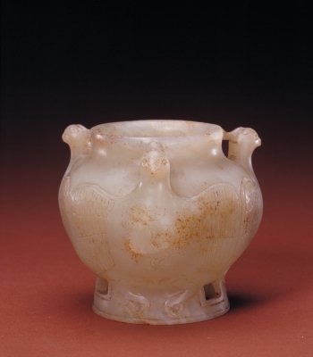 白玉天雞三耳罐