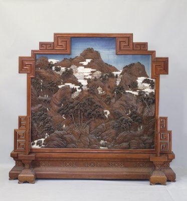 黃花梨邊座雕鸂鶒木染牙山水樓閣寶座屏風