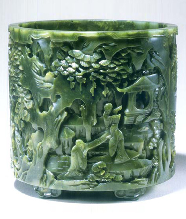 清 碧玉樊桐仙侶圖筆筒