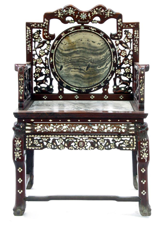 清 紅木透雕嵌螺鈿靠椅