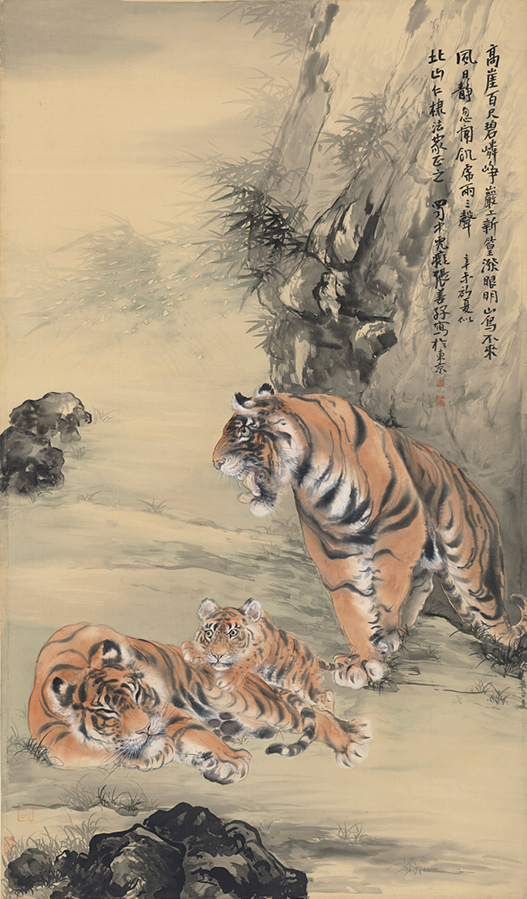 張善孖 高崖饑虎圖