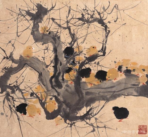 樹樁雛雞 1974年 吳冠中 38×41厘米 國畫 “中國美術館典藏活化系列展——鄉情·吳冠中百年誕辰紀念展”