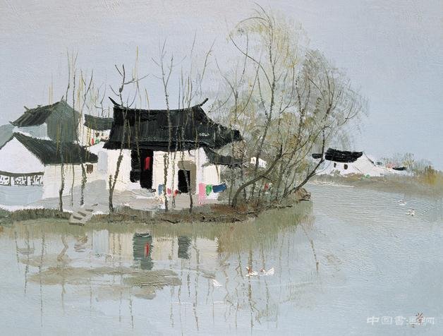 水上人家 1980年 吳冠中 46×61厘米 油畫 “中國美術館典藏活化系列展——鄉情·吳冠中百年誕辰紀念展”